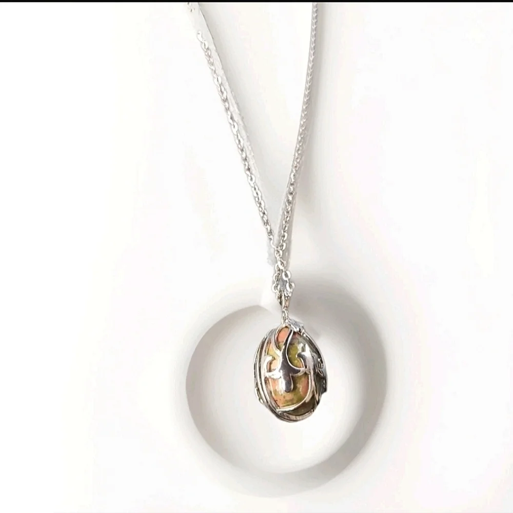 Unakite Egg Pendant Necklace Stainless Steel 20 inch